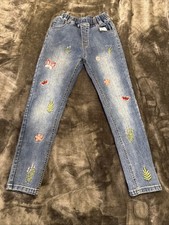 Unbranded Girl's Elastic Cinched Waist Floral Embroidered Jeans Size 150