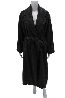 Ganni Womens Plaid Gray Overcoat Tie Waist Wool Blend Size 40