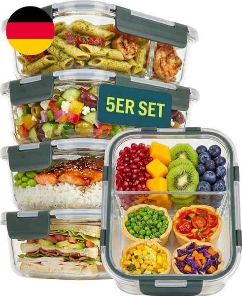 Uandu Meal Prep Boxen Glas Mit 2 FäChern – GlasbehäLter Mit Deckel 5-Teilig – Fr-image