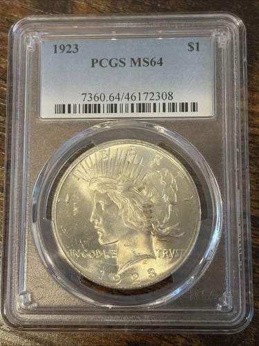 1923 PCGS MS 64 Peace Silver Dollar, MS 64 Silver Peace $1 Coin, Nice Cheek