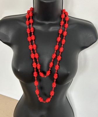 Miriam Haskell Signed Red Glass Swirl Bead Opera Length Necklace Super Long 60''