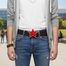 Men Women Belt Buckle Silver Metal Western Fashion Red Texas Lone Star TX Casual