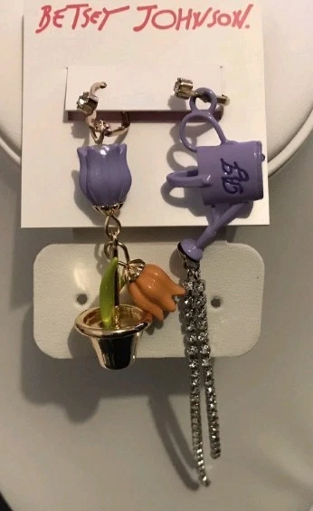 Висячие серьги Betsey Johnson с фиолетовыми тюльпанами в цветочном горшке и ведре с водой (бесплатный подарок) - Изображение 3 из 4