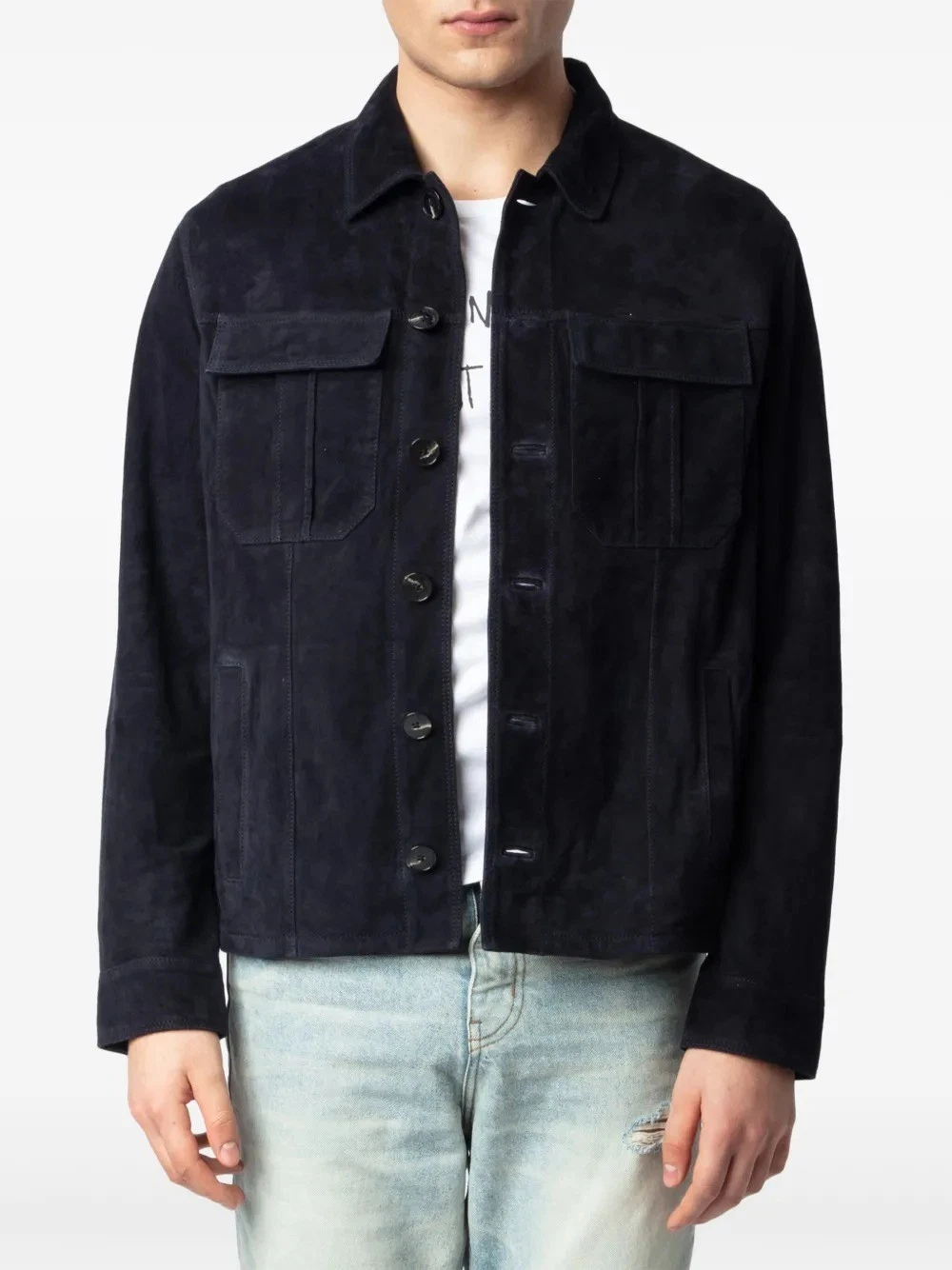 Men's Genuine Suede Leather Jacket Navy Blue Trucker Classic Vintage Denim Style