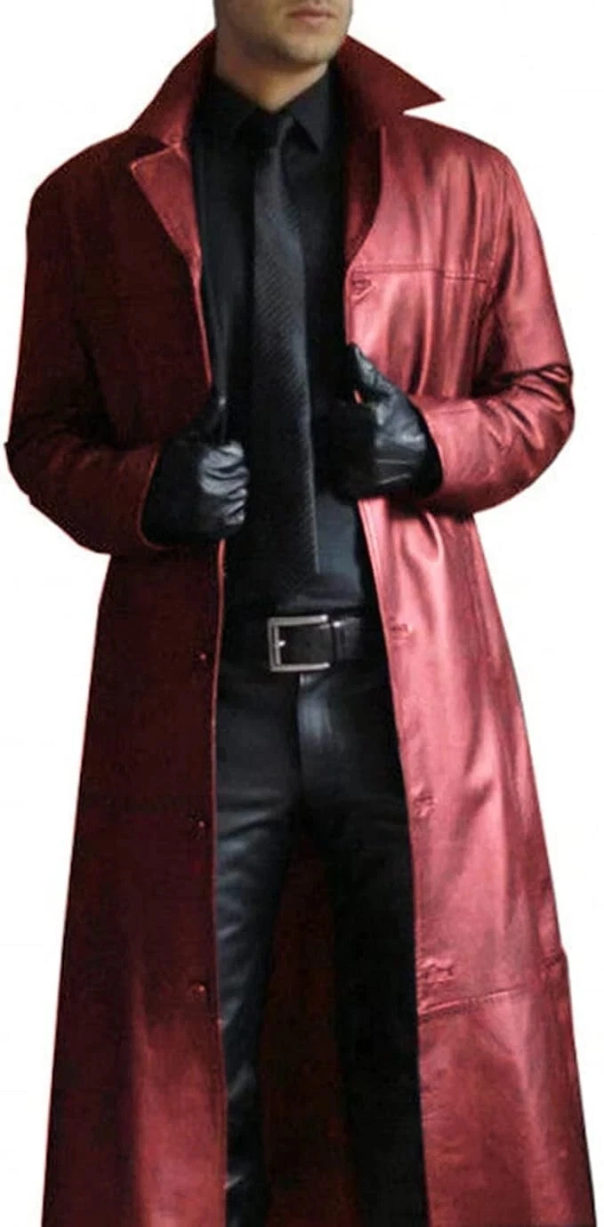 Mens Leather Trench Coat Red Handmade New Stylish Lambskin Fashionable Soft Fit