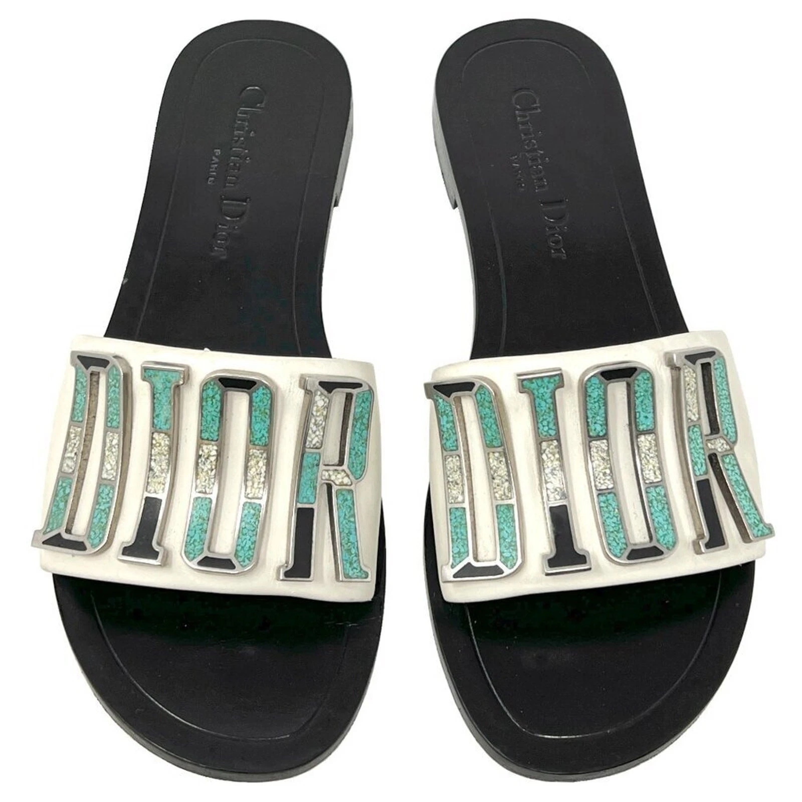 Sandales plates Dior Diorevolution cuir beige logo pierre turquoise slides
