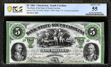 March 8, 1861 Charleston South Carolina Obsolete Banknote $5 Note G50a PCGS AU55