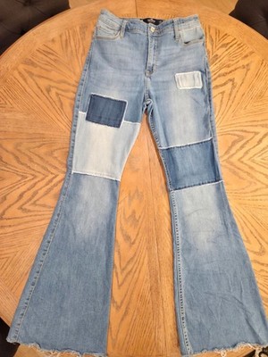 Hollister Jeans Patchwork High Rise Flare Raw Hem Boho Y2K 70s Retro Style