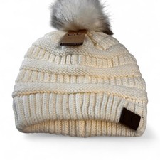 New C.C Ivory warm Knit Beanie winter hat with Faux Fur Pom Pom