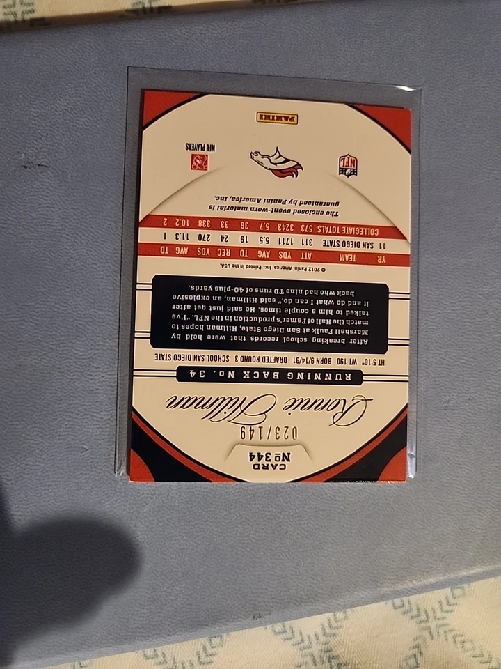 2012 Certified Freshman Fabric Mirror Red /149 Ronnie Hillman #344 Rookie RC - Image 3 of 3