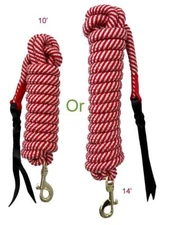 Red and White Santa Christmas Stripe Braided Nylon Horse Lead Rope with Leather