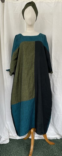 Terry Macey Size L 14-18 Blue Green Irish Linen Dress With Pockets And Hairband