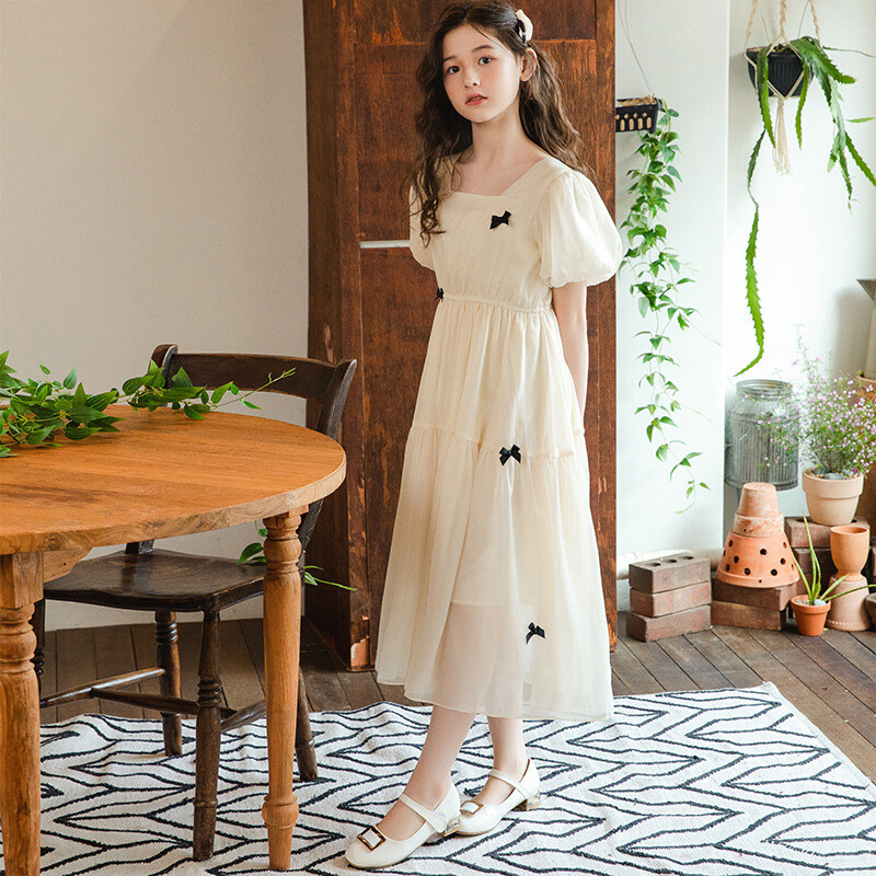 Kids Girl Long Dress Puff Sleeve Swing Chiffon Bow Elastic