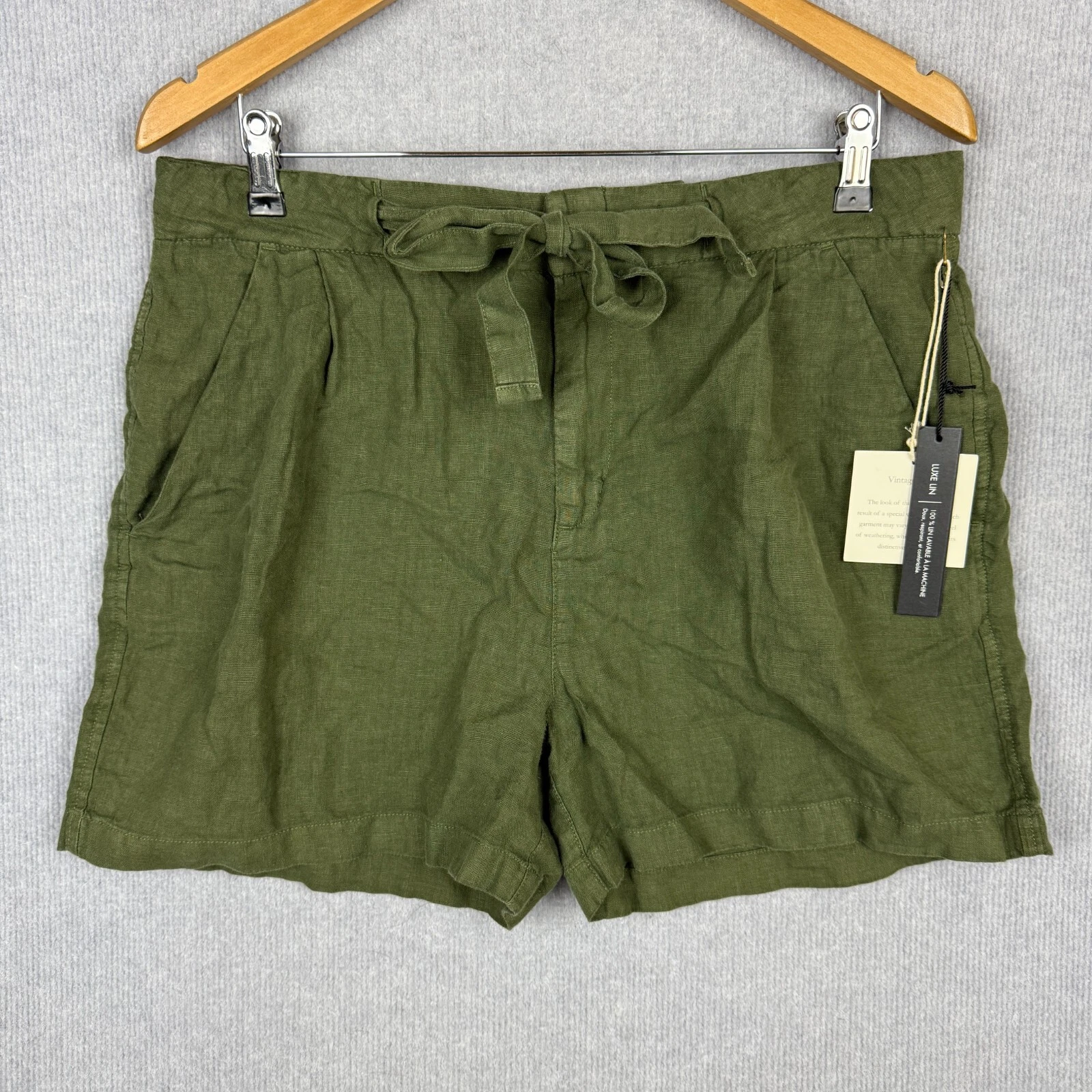 Tahari Shorts Womens Extra Large Green Pure Luxe Linen Tie Waist NEW
