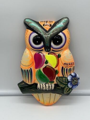 Vintage Mexican Talavera Owl Wall Art Decoration Handmade Clay Pottery 11" - Foto 1 di 8