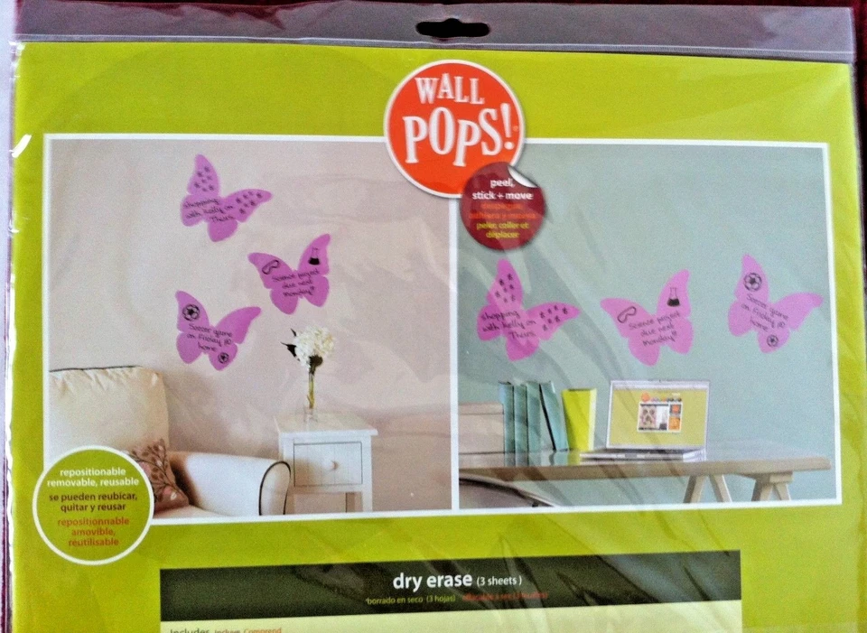 PKG of 3 LARGE WALL-POPS - 13" POP-ART BUTTERFLY Dry-Erase Msg Wall Decal - USA - Image 4 of 4