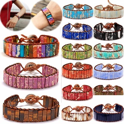 Handmade 7 Chakra Leather Bracelet Natural Stone Tube Beaded Wrap Bangle Vintage