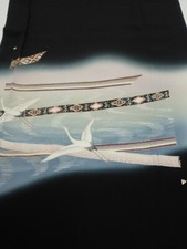 4J04z100 Japanese Kimono Silk FABRIC Flying crane Black 67.7x14.2