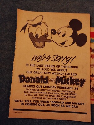 Kvc80 Ephemera 1972 Advert Comic Postponed Due To Miners Strike Donald Mickey 
