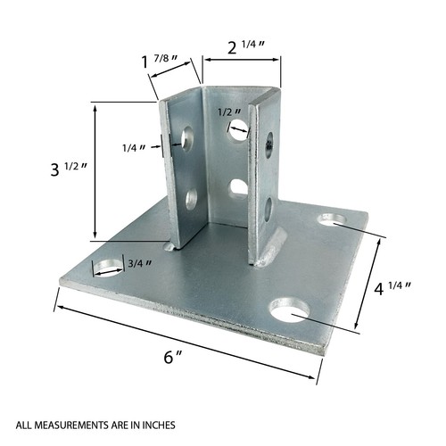 (4) 4 Hole Post Base, 6" Square for 1-5/8" Strut Channel, Side Orientation - Picture 4 of 5