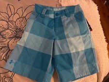 UNDER ARMOUR Boys Golf Shorts YSM Small Blue Plaid BNWT