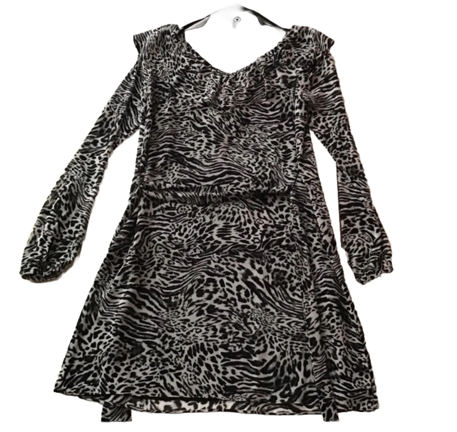 Abito donna Michael Kors stampa animalier volant collo cravatta cintura chiffon XS $140 nuovo
