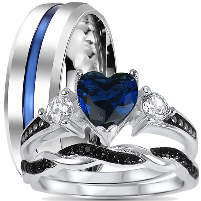 LaRaso & Co His Hers 3 Piece Trio Blue Black Wedding Band Engagement Ring Set