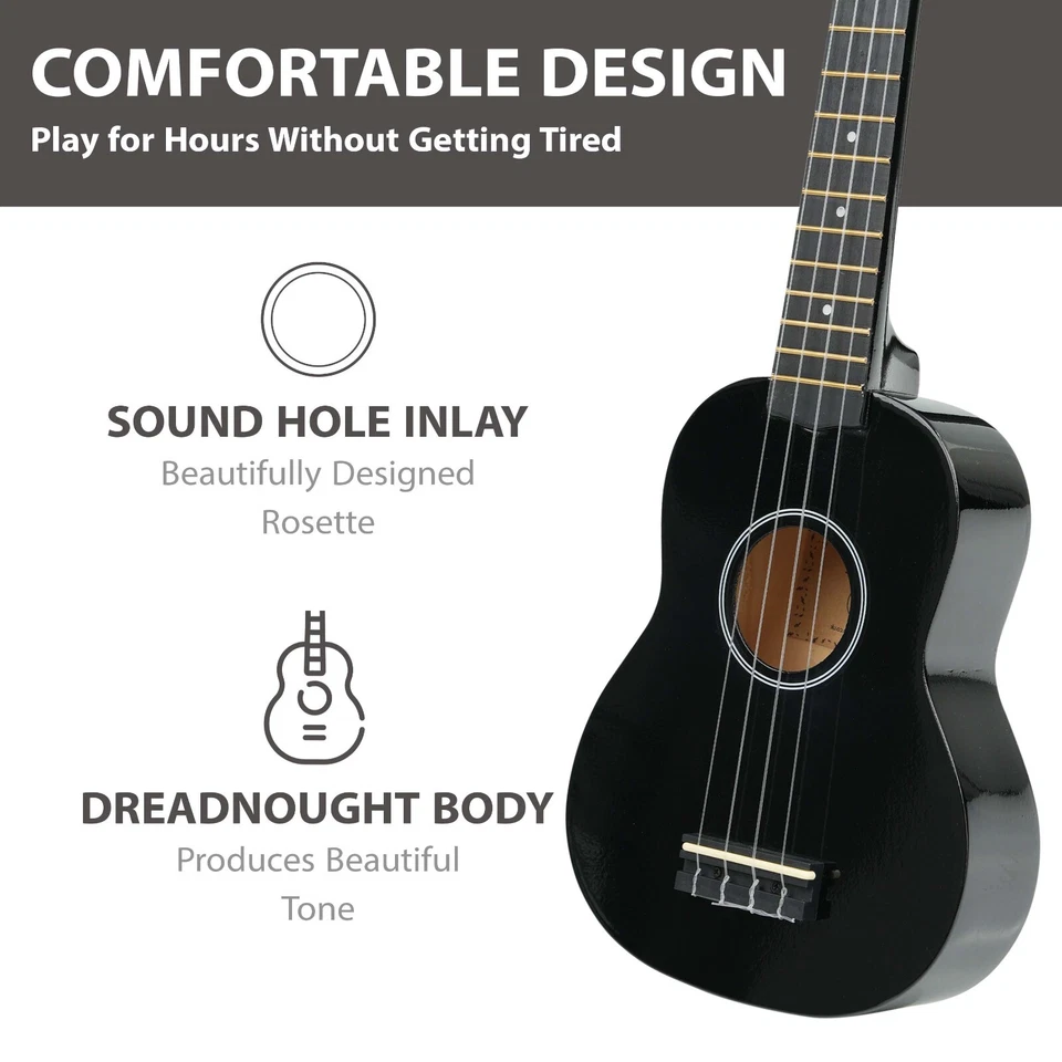 Ukelele soprano para principiantes de 21" con bolsa de concierto, selección de fieltro y cuerdas de repuesto - negro Foto 4 de 4