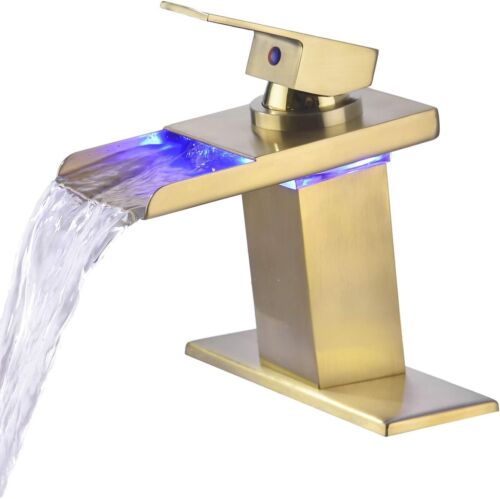 LED Wasserfall Badezimmer Spüle Wasserhahn Waschtisch Becken 1 Loch Mixer Wasserhahn gebürstet Gold Wohnmobil - Bild 1 von 8