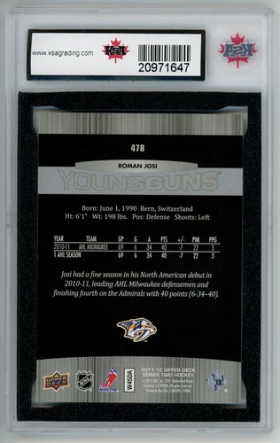2011-12 Upper Deck Series 2 Roman Josi Young Guns Rookie #478 KSA 10 Gem Mint - Picture 2 of 2