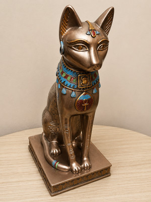 Bastet Egyptian Cat Goddess Statue Hieroglyphic Resin Figurine Ankh Decor