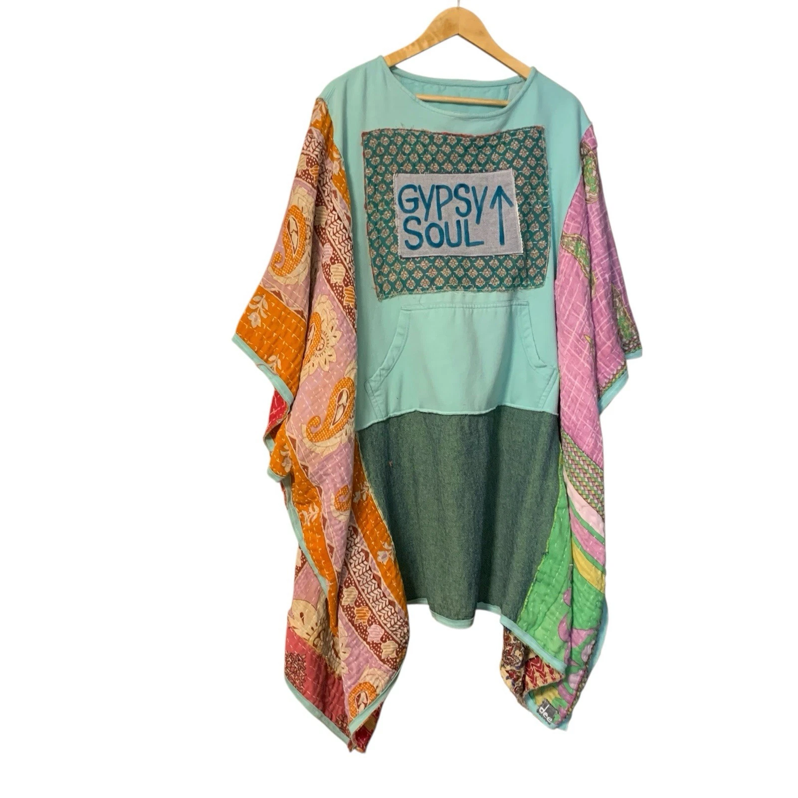 Upcycled Boho Poncho Plus Size Gypsy Hippie Festival Kantha Kimono Sleeve