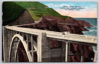 Bixby Creek Bridge Carmel-San Simeon Highway California CA Linen Postcard J21
