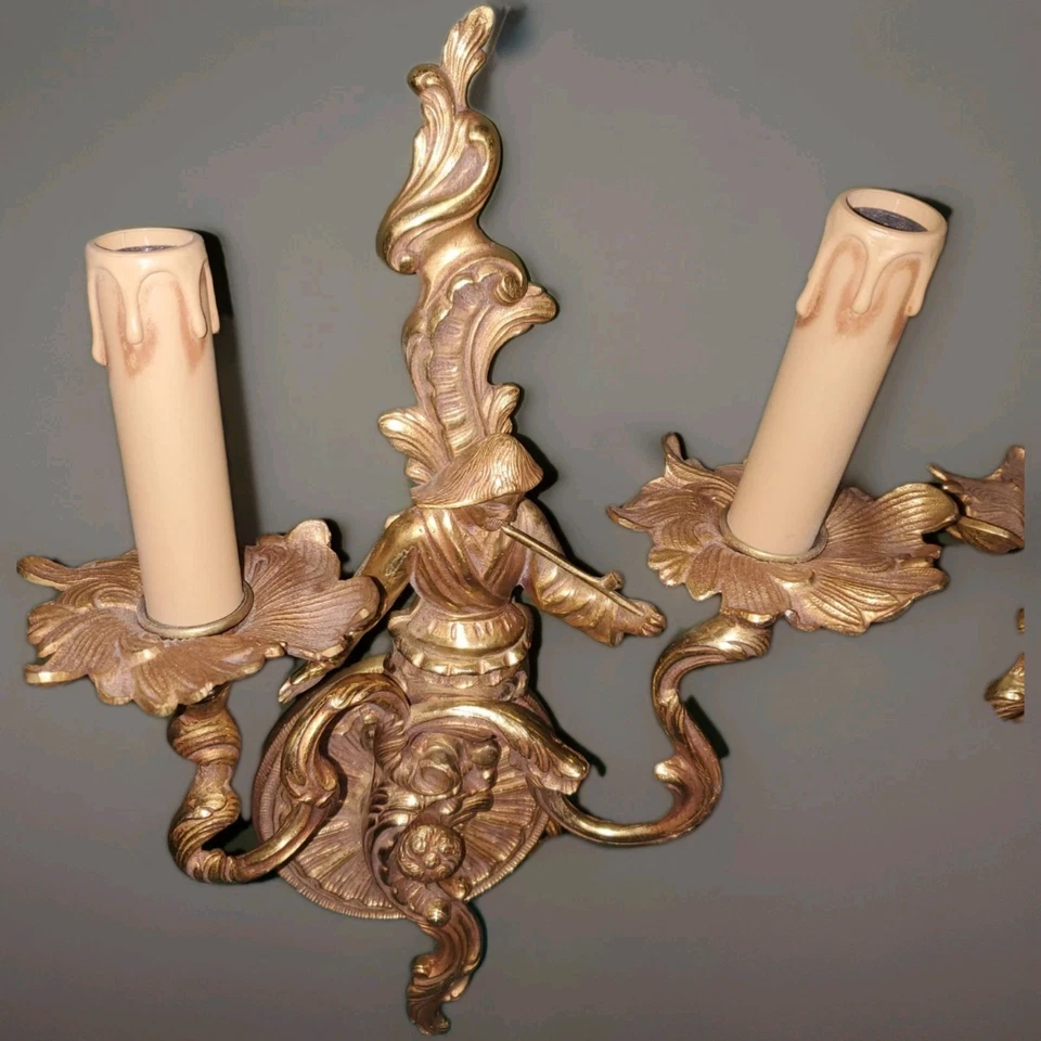 Vintage Wall Scone Louis XV  Chinoiserie Figural Lamp Set of 2 16x10 - Image 2 of 4