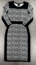 Gabby Skye Black White Animal Print Sweater Dress M Knit Bodycon Midi 3/4 Sleeve