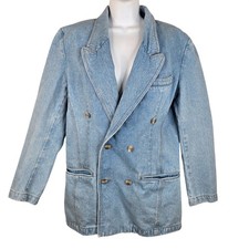 Vintage 80s Denim Double-Breasted Blazer Notch Lapels Womens S Blue Jean