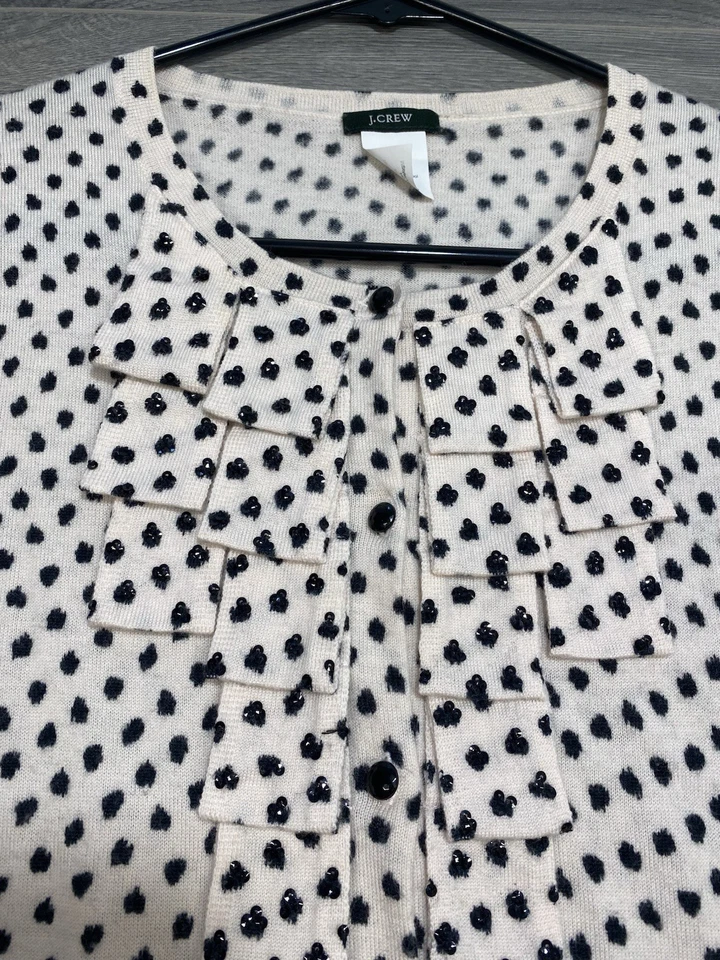 Cárdigan J Crew Lana Merino Crema Punto Negro Lentejuelas Abotonado Talla Mediana Foto 2 de 4