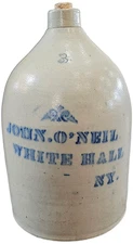 Antique John O'Neil Whitehall NY Fancy Salt Glaze Stoneware Jug-3 Gallon-RARE