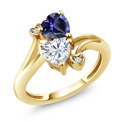18K Yellow Gold Plated Silver Blue Iolite White Moissanite Ring For Women (1.41