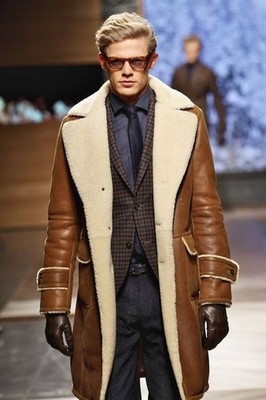 Men`s RAF Trench Coat Brown Real Sheepskin Shearling Leather Jacket