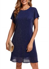 FEMI SEMI Women's Crewneck Sequin Shift Dress Short Sleeve Casual Holiday