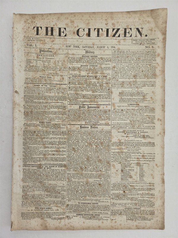 1854 antique THE CITIZEN NEWSPAPER ny JOHN MITCHEL SLAVERY KANSAS INDIANS