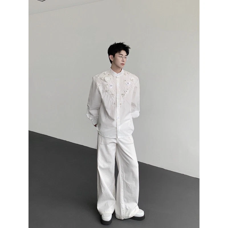 Luxury Lace Shirt Mens French Retro White Shirt Stand Collar Flower Party Shirts - Image 4 of 4