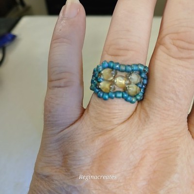 Handcrafted Artisan Beaded Band Ring Size 8 OOAK Miyuki Toho Turquoise Nebula