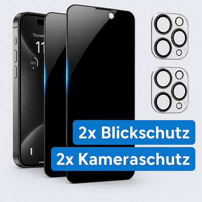 2x Privacy Blickschutz + 2x Kameraschutz für iPhone 17 16 15 14 13 Schutzset Pro