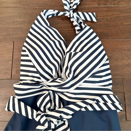 Meet Curve Faux Wrap Halter Swimsuit XL Blue White Striped NWT Retro Swim - Picture 4 of 16