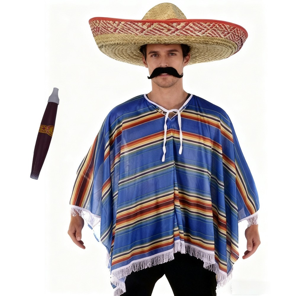 Poncho Mexicano Bandido Disfraz Conjunto Sombrero Bigote y Puro