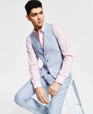 Bar III Mens Slim Fit 100 Linen Suit Vest, Navy Blue, M