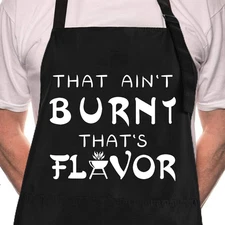 Funny BBQ Black Chef Aprons for Men, That Ain't Burnt That's Flavor, Adjustable