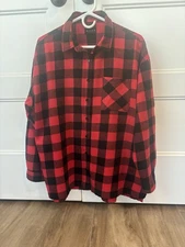 Risen Women Buffalo Plaid Flannel Top Sz Medium Red Button Up Tab Sleeves Rustic